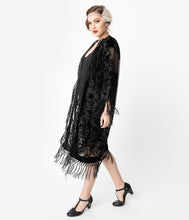 Load image into Gallery viewer, 1920s Style Black Devore Velvet Fringe Long Flapper Coat