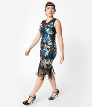 Load image into Gallery viewer, 1920s Black & Blue Beaded & Fringe Flapper Dress