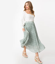 Load image into Gallery viewer, 1970s Dusty Sage Leopard Print Pleated Midi Skirt