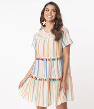 Load image into Gallery viewer, Cream & Multicolor Stripe Pom Pom Fit & Flare Dress