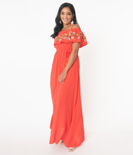 Load image into Gallery viewer, 1970s Tomato Red Off Shoulder Maxi Dress