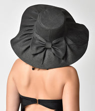 Load image into Gallery viewer, Black Woven & Pleated Sun Hat with Bow