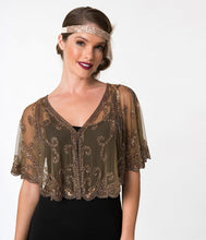 Load image into Gallery viewer, 1920s Style Brown & Dusty Rose Gold Beaded Sheer Mesh Capelet