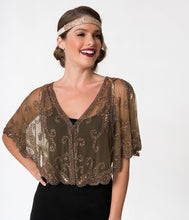 Load image into Gallery viewer, 1920s Style Brown & Dusty Rose Gold Beaded Sheer Mesh Capelet