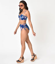 Load image into Gallery viewer, Betsey Johnson Blue Velvet & Floral Print Midnight Garden Too High Waist Swim Bottom