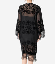 Load image into Gallery viewer, 1920s Style Black Devore Velvet Fringe Long Flapper Coat

