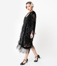 Load image into Gallery viewer, 1920s Style Black Devore Velvet Fringe Long Flapper Coat
