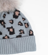Load image into Gallery viewer, Grey &amp; Brown Leopard Pom Pom Beanie
