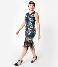 Load image into Gallery viewer, 1920s Black &amp; Blue Beaded &amp; Fringe Flapper Dress
