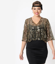Load image into Gallery viewer, 1920s Black &amp; Gold Three Quarter Sleeve Sequin Bolero
