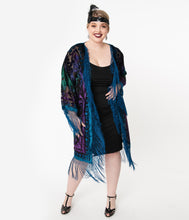 Load image into Gallery viewer, 1920s Blue Devore Velvet Lattice Scarf Coat
