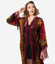Load image into Gallery viewer, 1920s Burgundy Devore Velvet Lattice Scarf Coat

