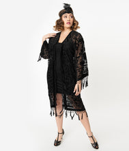 Load image into Gallery viewer, Black Medallion Devore Velvet Beaded Flapper Coat
