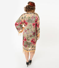 Load image into Gallery viewer, Flapper Style Gold Beaded Floral Print Scarf Coat
