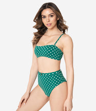 Load image into Gallery viewer, Emerald Green &amp; White Polka Dot Belted High Waist Two Piece Swim Set
