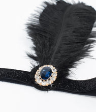 Load image into Gallery viewer, 1920s Sapphire Stone &amp; Black Feather Flapper Headband
