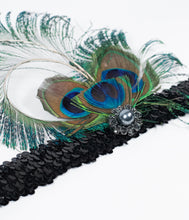 Load image into Gallery viewer, 1920s Black Sequin Peacock Feather Flapper Headband
