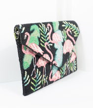Load image into Gallery viewer, Black &amp; Pink Flamingo Tropical Beaded Envelope Clutch
