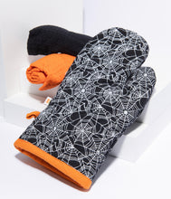Load image into Gallery viewer, Black Spiderweb Oven Mitt &amp; Dish Towel Set
