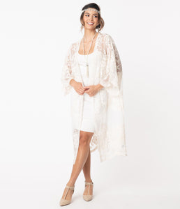 1920s Style Cream Crochet Lace Kimono