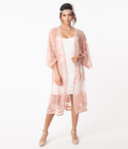 1920s Style Blush Pink Crochet Lace Kimono