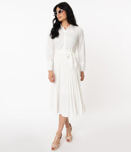 1940s Style White Pleated Midi Dress
