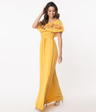 Load image into Gallery viewer, 1970s Honey Mustard Off Shoulder Maxi Dress
