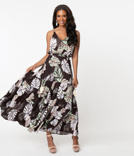 Load image into Gallery viewer, 1970s Style Black Tropical Print Maxi Dress

