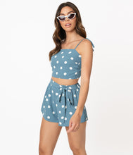 Load image into Gallery viewer, Dusty Blue &amp; White Polka Dot Crop Top &amp; Short Set
