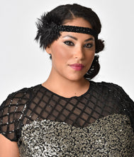 Load image into Gallery viewer, 1920s Style Black Beaded Feather Roxi Headband
