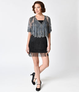 1920s Style Silver Grey Beaded Sheer Mesh Capelet