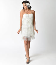 Load image into Gallery viewer, 1920s Style White &amp; Iridescent Sequin &amp; Fringe Flapper Dress
