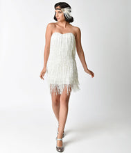Load image into Gallery viewer, 1920s Style White &amp; Iridescent Sequin &amp; Fringe Flapper Dress
