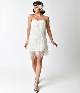 1920s Style White & Iridescent Sequin & Fringe Flapper Dress