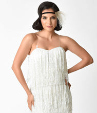 Load image into Gallery viewer, 1920s Style White &amp; Iridescent Sequin &amp; Fringe Flapper Dress
