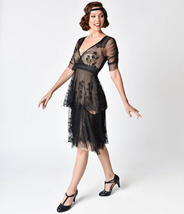 1930s Style Black Onyx Embroidered Zoey Day Dress