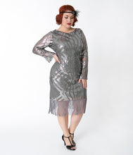 Load image into Gallery viewer, Unique Vintage Plus Size Silver Pewter Sequin Sleeved Jocelyne Flapper Dress
