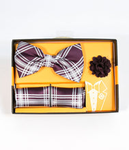 Load image into Gallery viewer, Dark Purple &amp; White Plaid Bow Tie &amp; Lapel Pin Set
