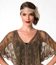 Load image into Gallery viewer, 1920s Style Brown &amp; Dusty Rose Gold Beaded Sheer Mesh Capelet
