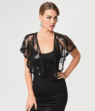 Load image into Gallery viewer, Unique Vintage 1920s Black Mesh &amp; Sequin Flapper Capelet
