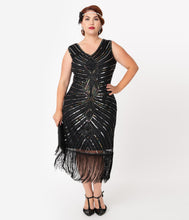 Load image into Gallery viewer, Unique Vintage Plus Size Black &amp; Silver Sequin Dacquoise Cocktail Flapper Dress
