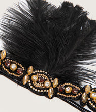 Load image into Gallery viewer, Unique Vintage Black Feather &amp; Gold Beaded Fringe Flapper Headband
