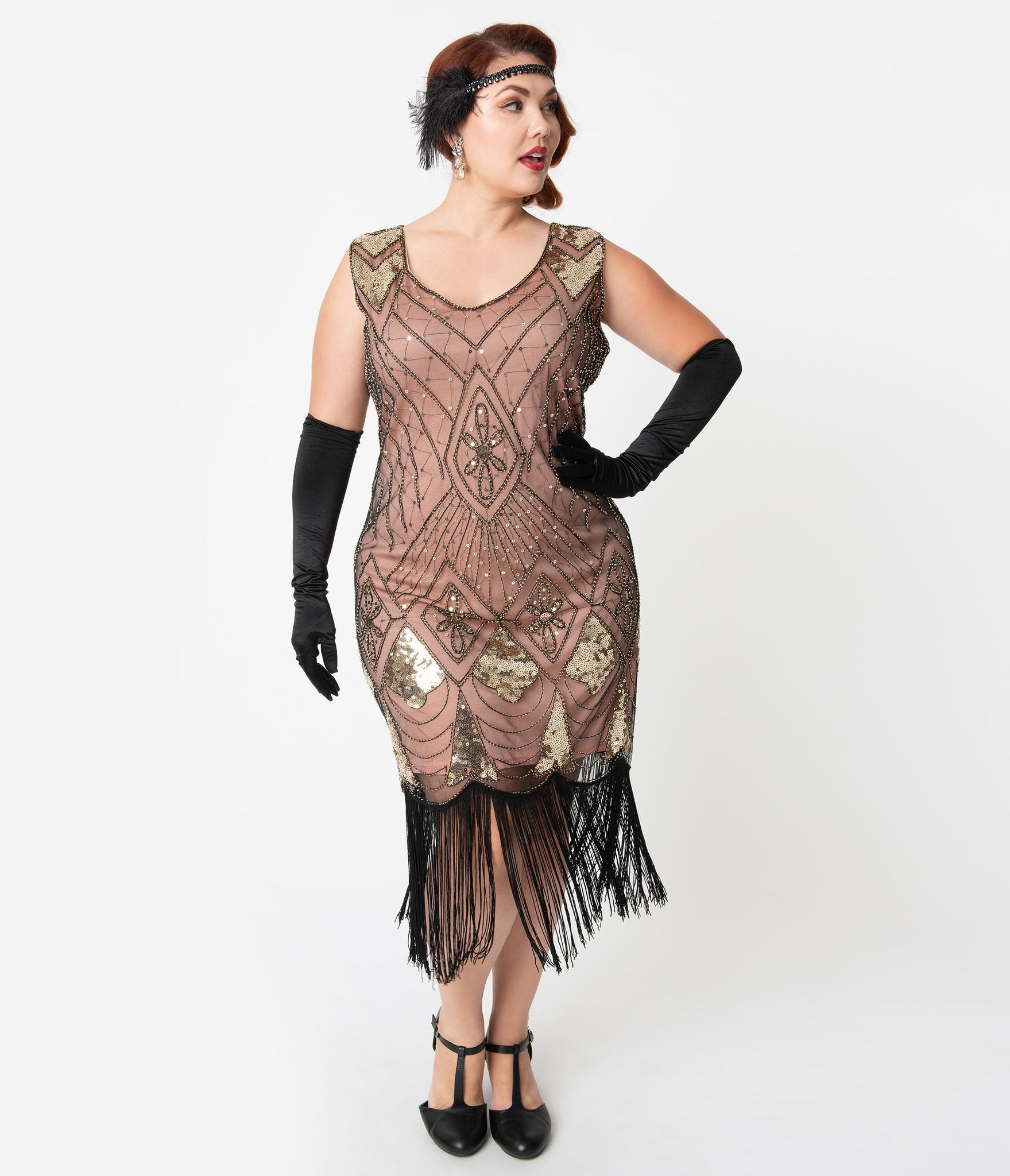 Unique Vintage Plus Size Rose Pink & Gold Sequin Lina Fringe Flapper D theline445.com Unique Vintage Plus Size Rose Pink & Gold Sequin Lina Fringe Flapper D theline445.com