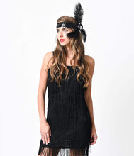 Load image into Gallery viewer, Black Sequined Glitter Rose &amp; Feather Flapper Headband
