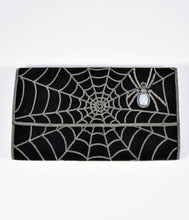 Load image into Gallery viewer, Black Suede &amp; Silver Chain Spiderweb Envelope Clutch
