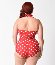 Load image into Gallery viewer, Plus Size Esther Williams Vintage Inspired 1950s Style Red &amp; White Polka Dot Swimsuit
