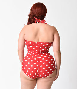 Plus Size Esther Williams Vintage Inspired 1950s Style Red & White Polka Dot Swimsuit