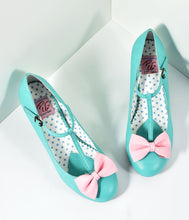 Load image into Gallery viewer, Vintage Style Light Teal &amp; Pink Leatherette T-Strap Bow Wiggle Heels
