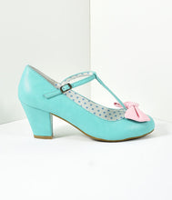 Load image into Gallery viewer, Vintage Style Light Teal &amp; Pink Leatherette T-Strap Bow Wiggle Heels
